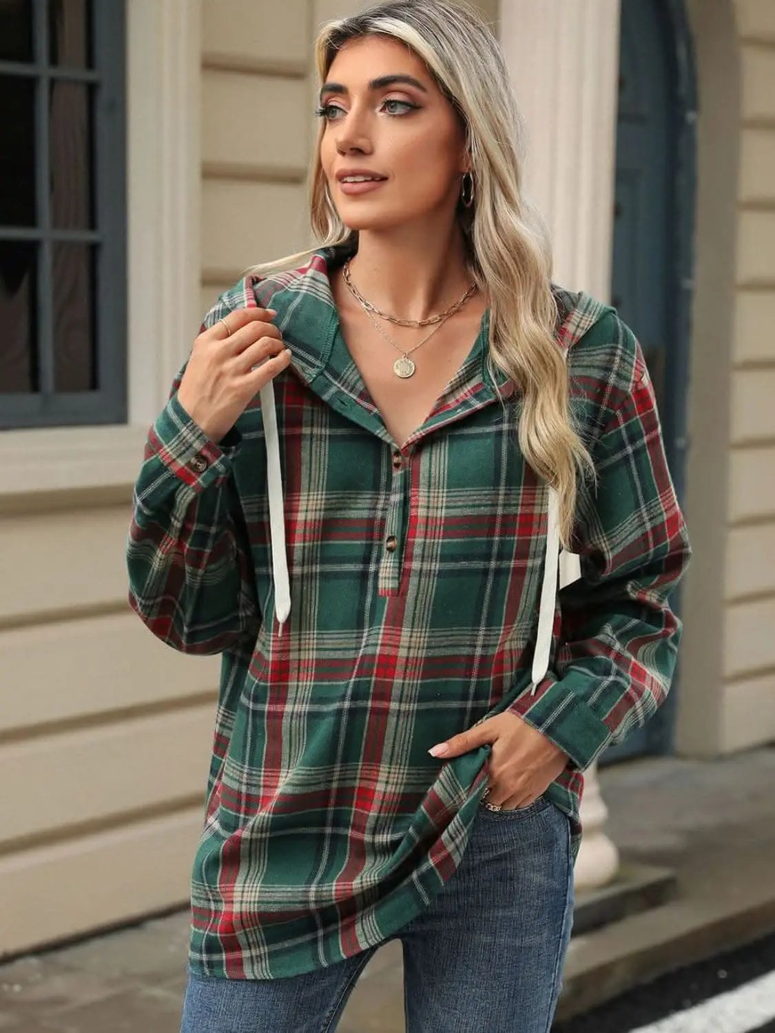 Plaid Hooded Long Sleeve Shirt - Love Salve 