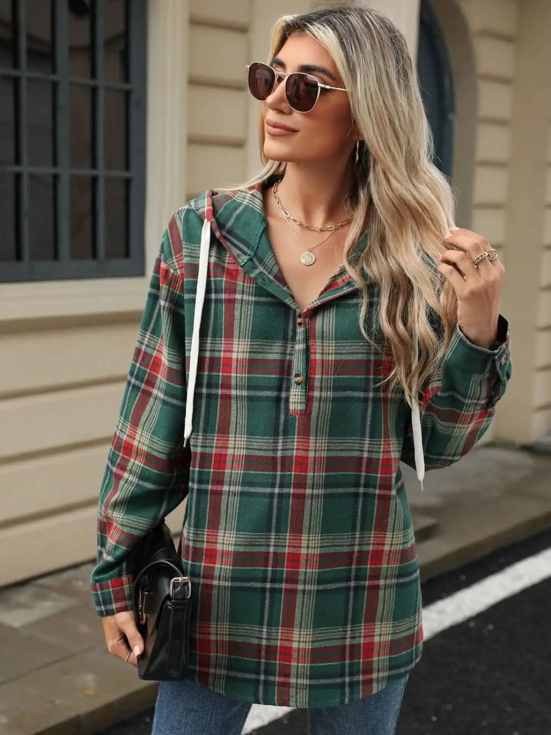 Plaid Hooded Long Sleeve Shirt - Love Salve 