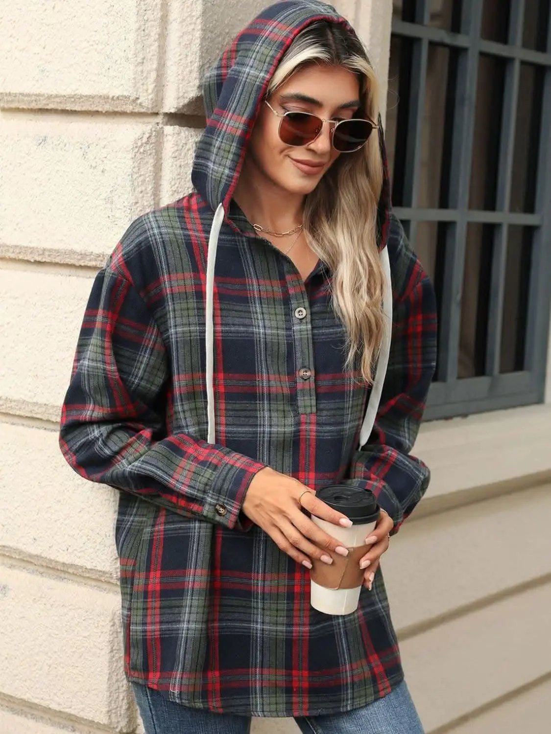 Plaid Hooded Long Sleeve Shirt - Love Salve 