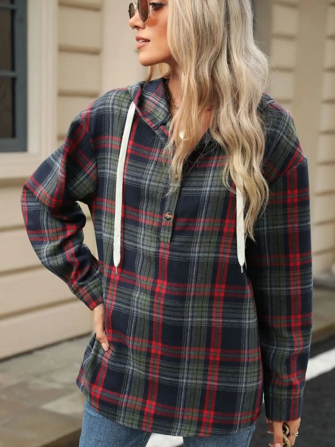 Plaid Hooded Long Sleeve Shirt - Love Salve 