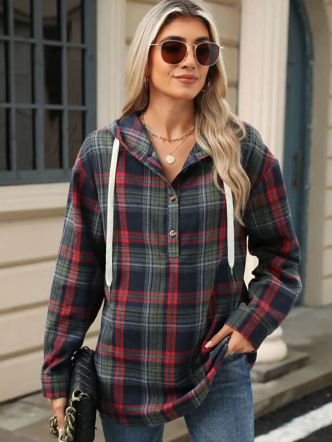 Plaid Hooded Long Sleeve Shirt - Love Salve 