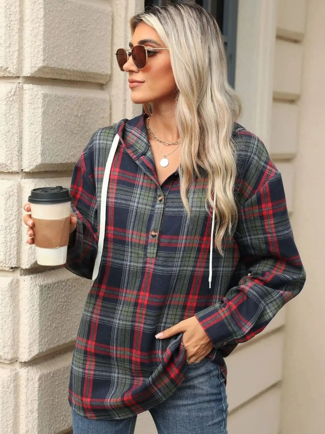 Plaid Hooded Long Sleeve Shirt - Love Salve 
