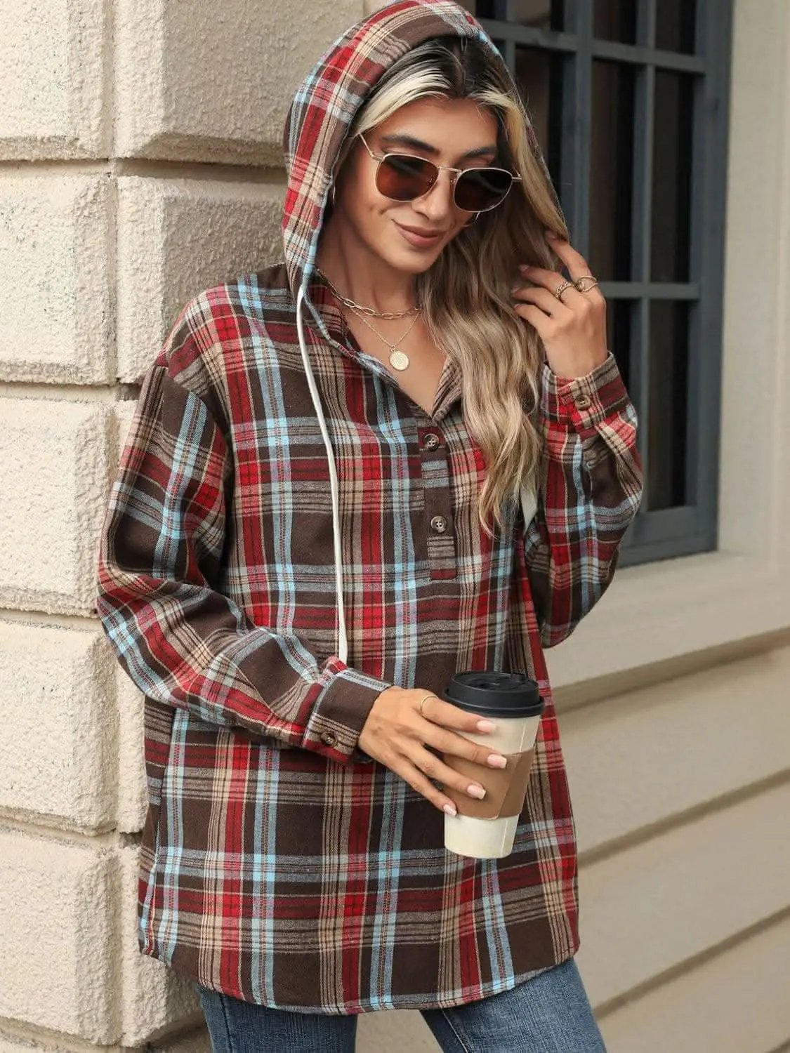 Plaid Hooded Long Sleeve Shirt - Love Salve 
