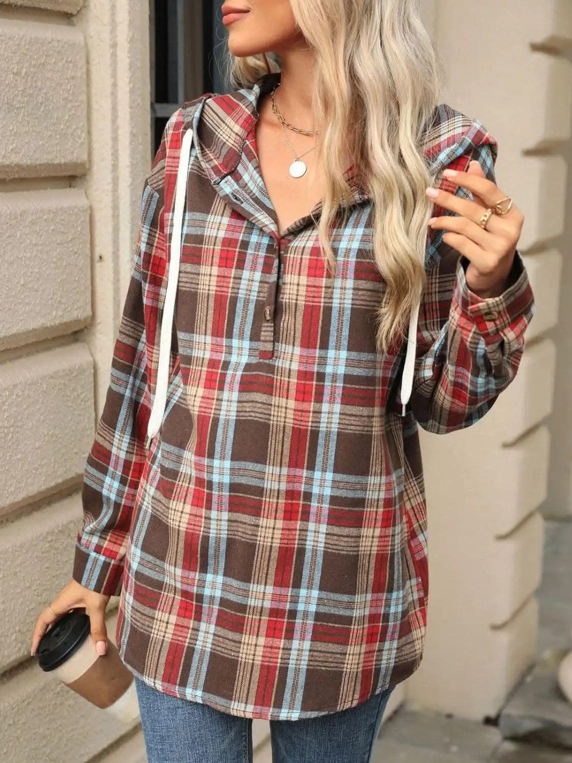 Plaid Hooded Long Sleeve Shirt - Love Salve 