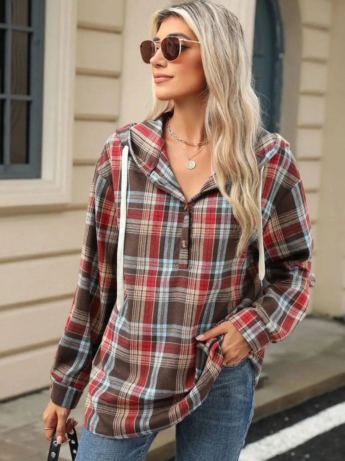 Plaid Hooded Long Sleeve Shirt - Love Salve 