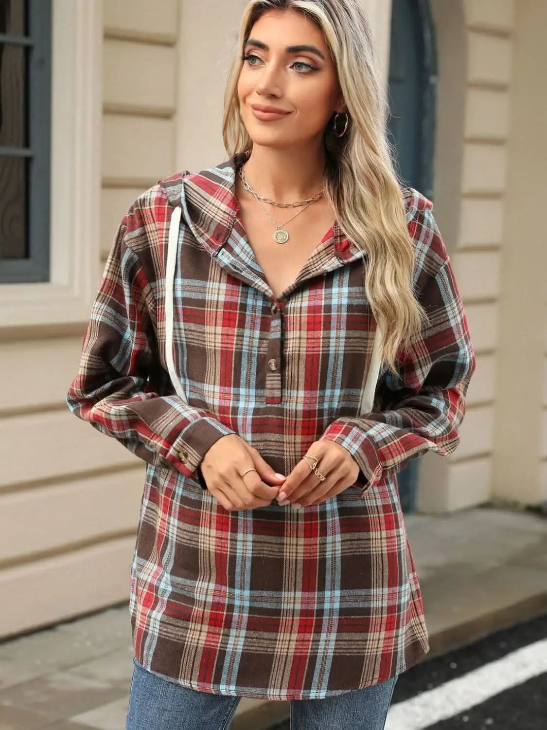 Plaid Hooded Long Sleeve Shirt - Love Salve 