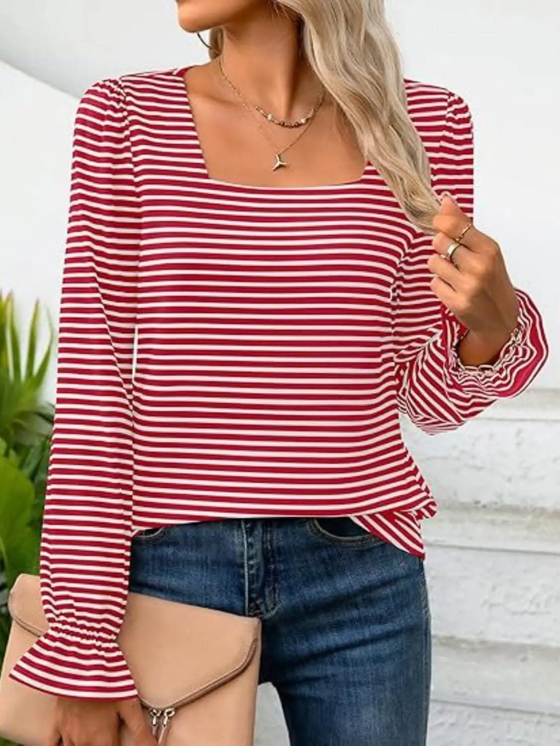 Chic striped flounce sleeve top - Love Salve 