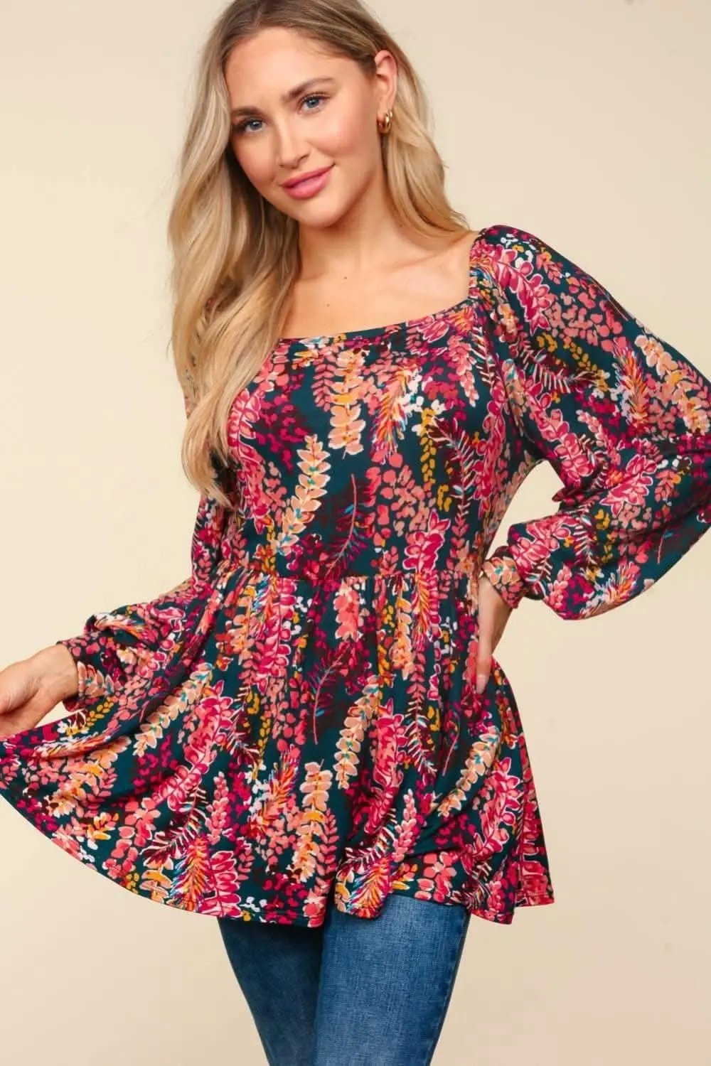 Haptics Full Size Peplum Floral Square Neck Blouse - Love Salve 