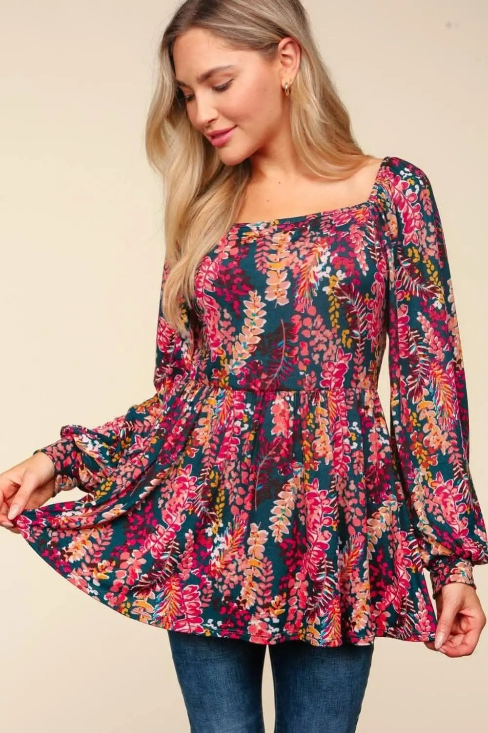 Haptics Full Size Peplum Floral Square Neck Blouse - Love Salve 