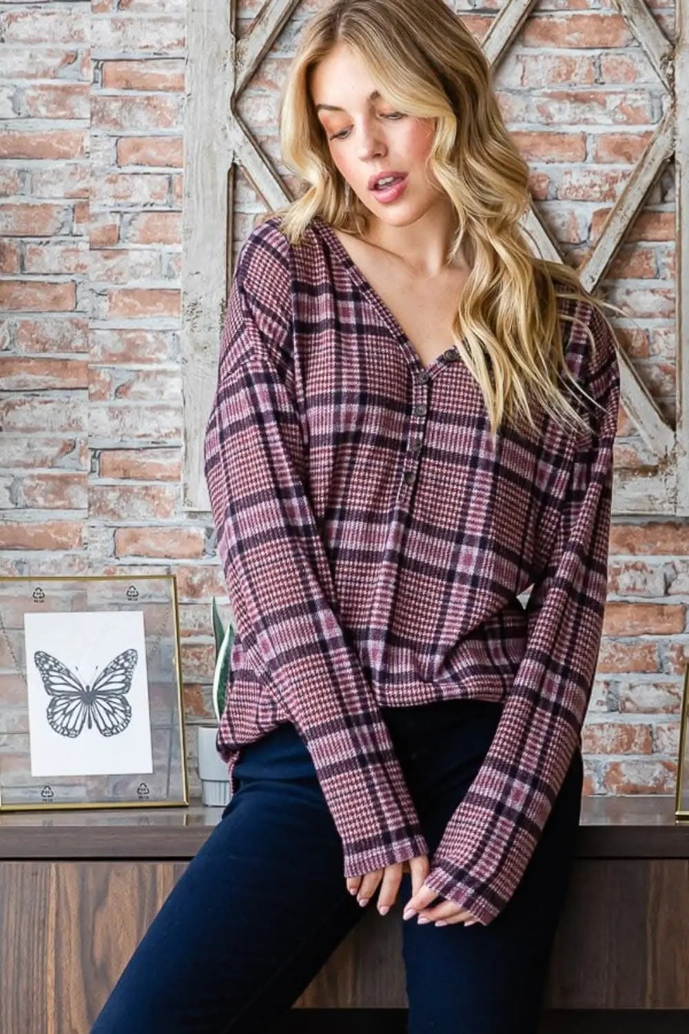 Heimish plaid v-neck long sleeve top - Love Salve 