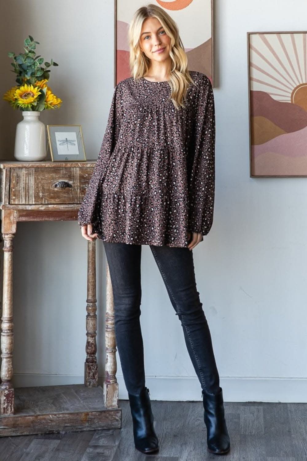Leopard print long sleeve tiered blouse for a chic look - Love Salve 