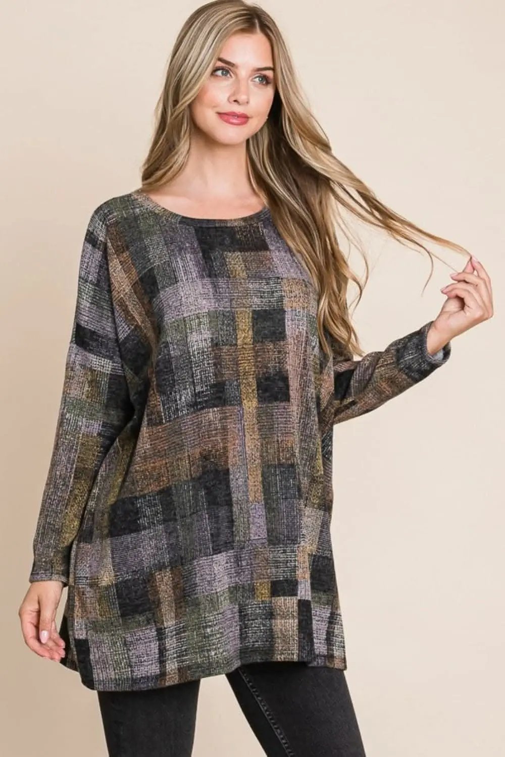 BOMBOM Plaid Round Neck Long Sleeve Top - Love Salve 