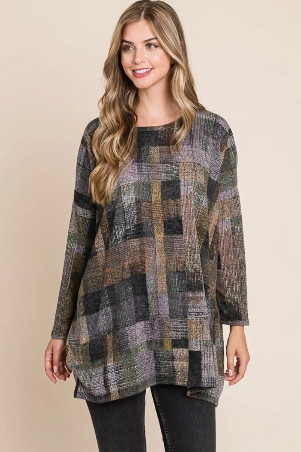 BOMBOM Plaid Round Neck Long Sleeve Top - Love Salve 
