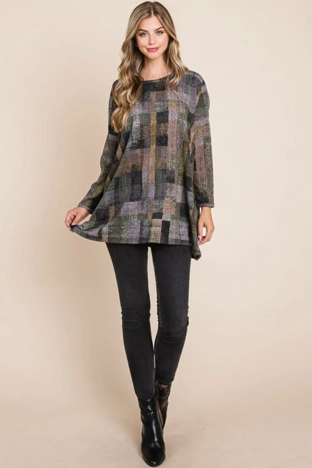 BOMBOM Plaid Round Neck Long Sleeve Top - Love Salve 