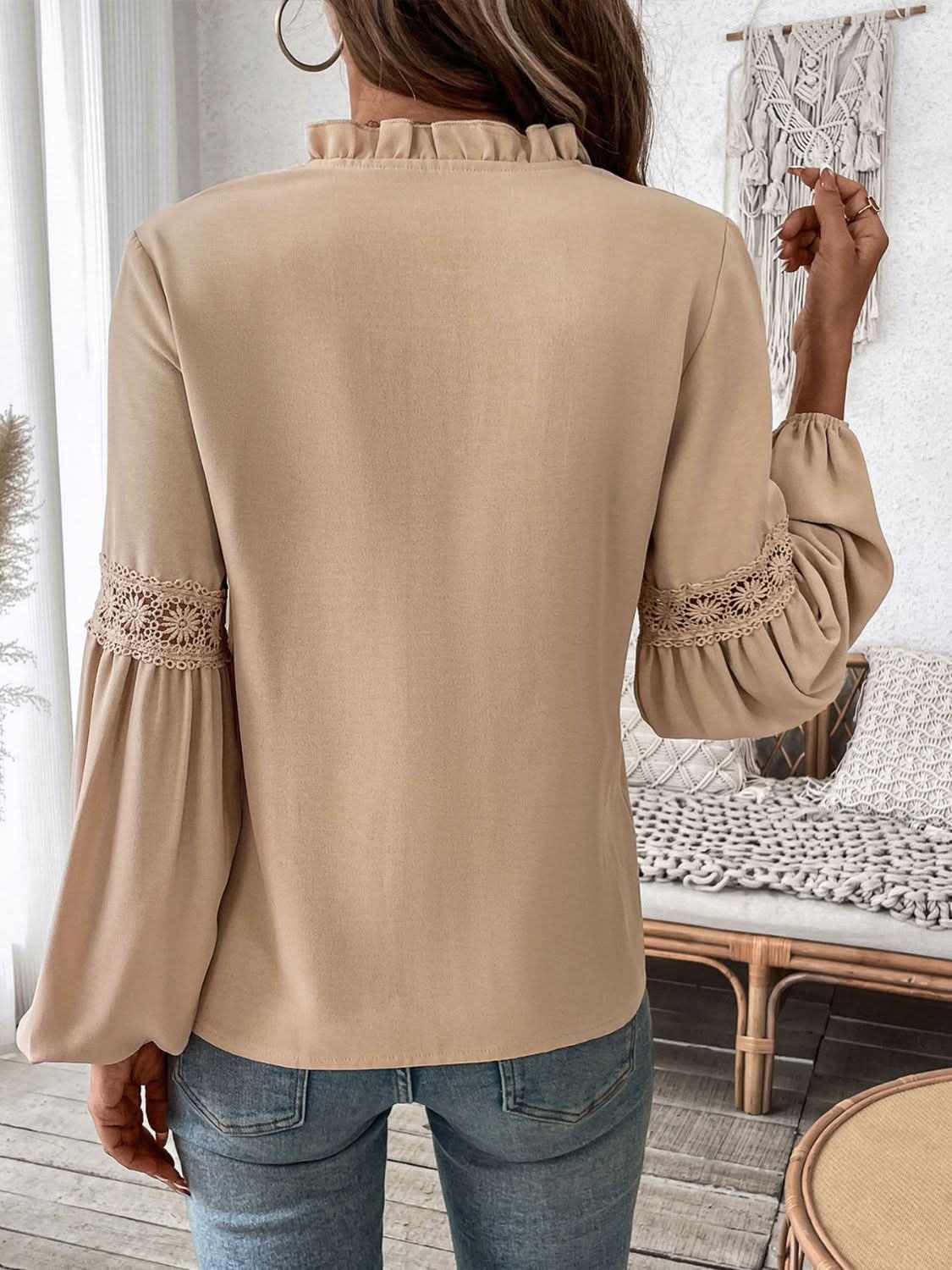 Chic tie neck long sleeve blouse with frill detailing - Love Salve 