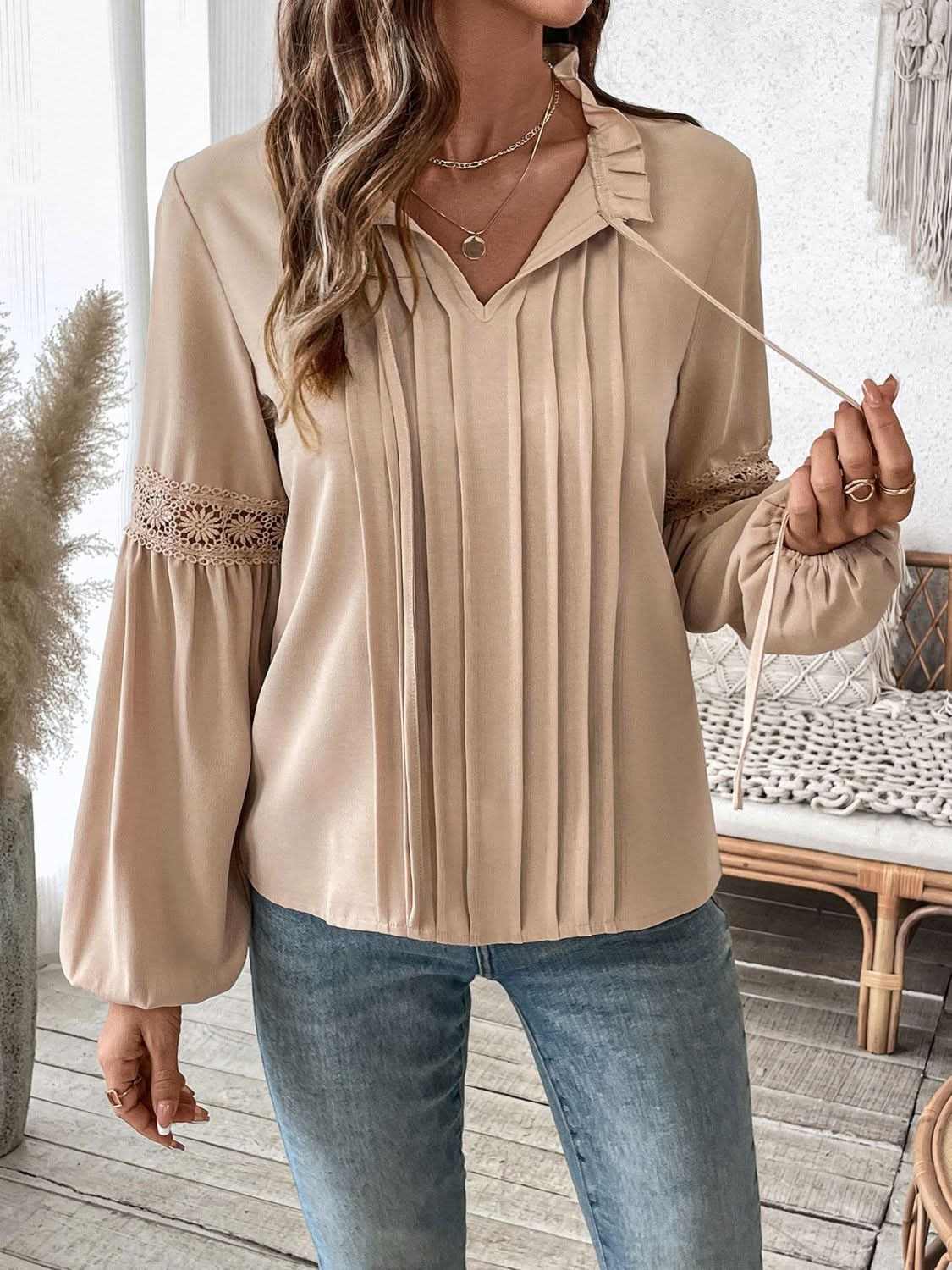 Chic tie neck long sleeve blouse with frill detailing - Love Salve 