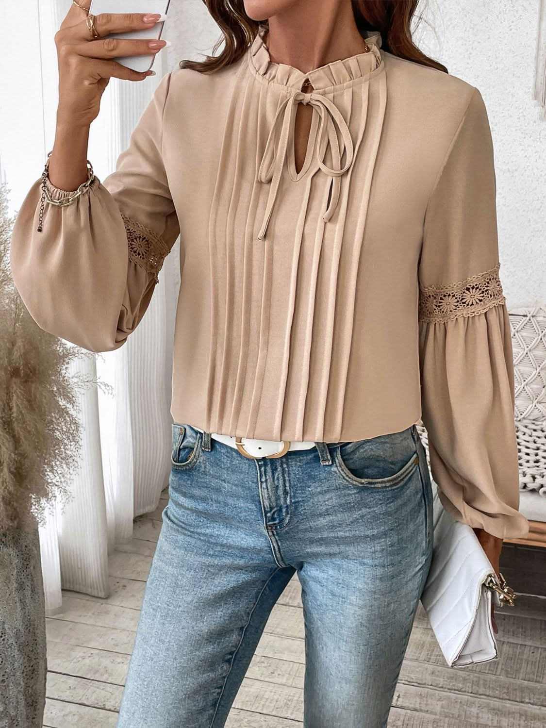 Chic tie neck long sleeve blouse with frill detailing - Love Salve 