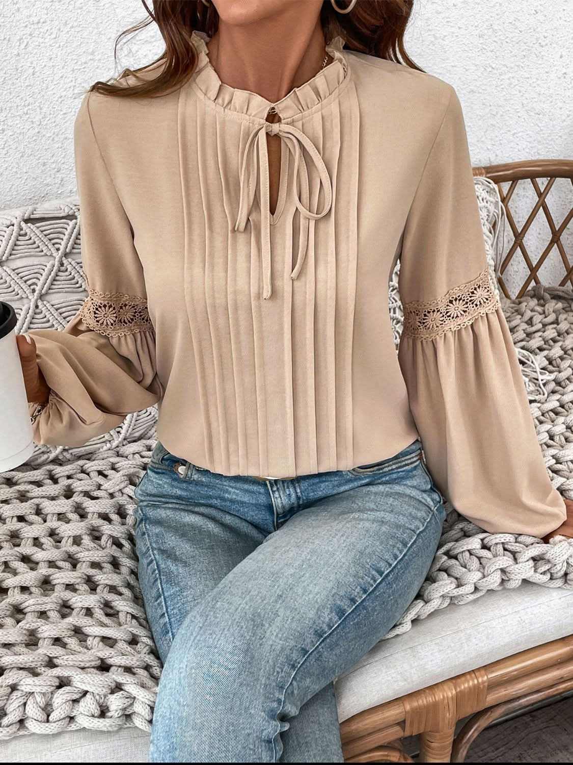 Chic tie neck long sleeve blouse with frill detailing - Love Salve 