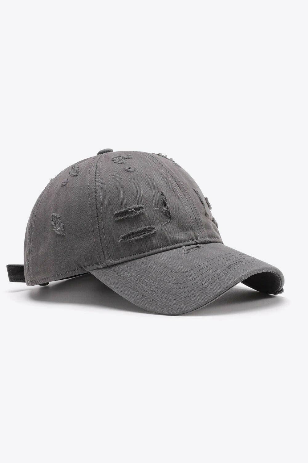 Distressed cotton adjustable baseball cap with a trendy design.