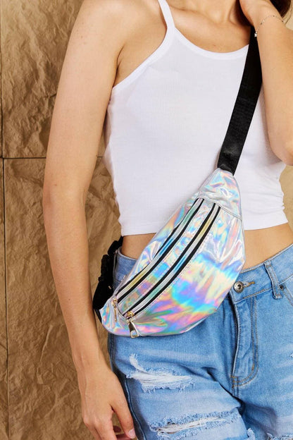 Shimmering silver holographic fanny pack with dual zippers