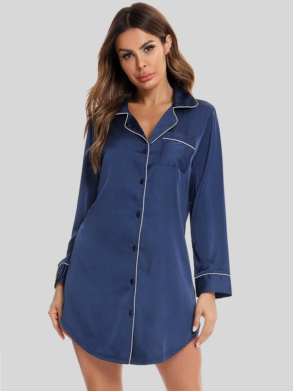 Sophisticated Button-Up Night Dress with Pocket and Lapel CollarExperience Elegance and Convenience
 Indulge in sophistication and comfort with our Sophisticated Button-Up Night Dress, a perfect blend of style and functionality.
Love Salve Sophisticated Button-Sleep