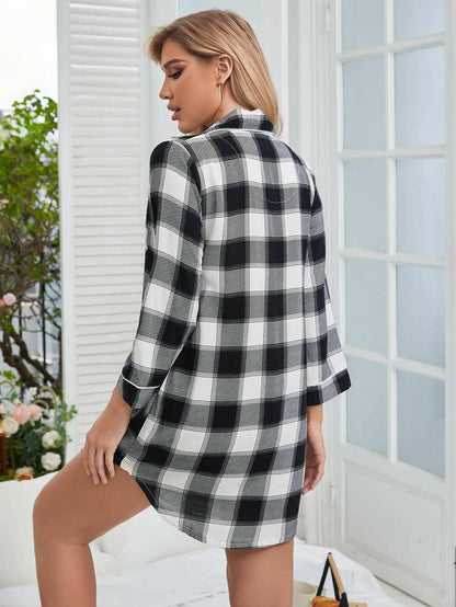 Plaid Lapel Collar Shirt Dress with PocketsPlaid Lapel Collar Shirt Dress with Pockets
 A wardrobe essential for the modern woman, our Plaid Lapel Collar Shirt Dress with Pockets is the perfect blend of styleLove Salve Plaid Lapel Collar Shirt DressSleep