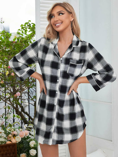 Plaid Lapel Collar Shirt Dress with PocketsPlaid Lapel Collar Shirt Dress with Pockets
 A wardrobe essential for the modern woman, our Plaid Lapel Collar Shirt Dress with Pockets is the perfect blend of styleLove Salve Plaid Lapel Collar Shirt DressSleep