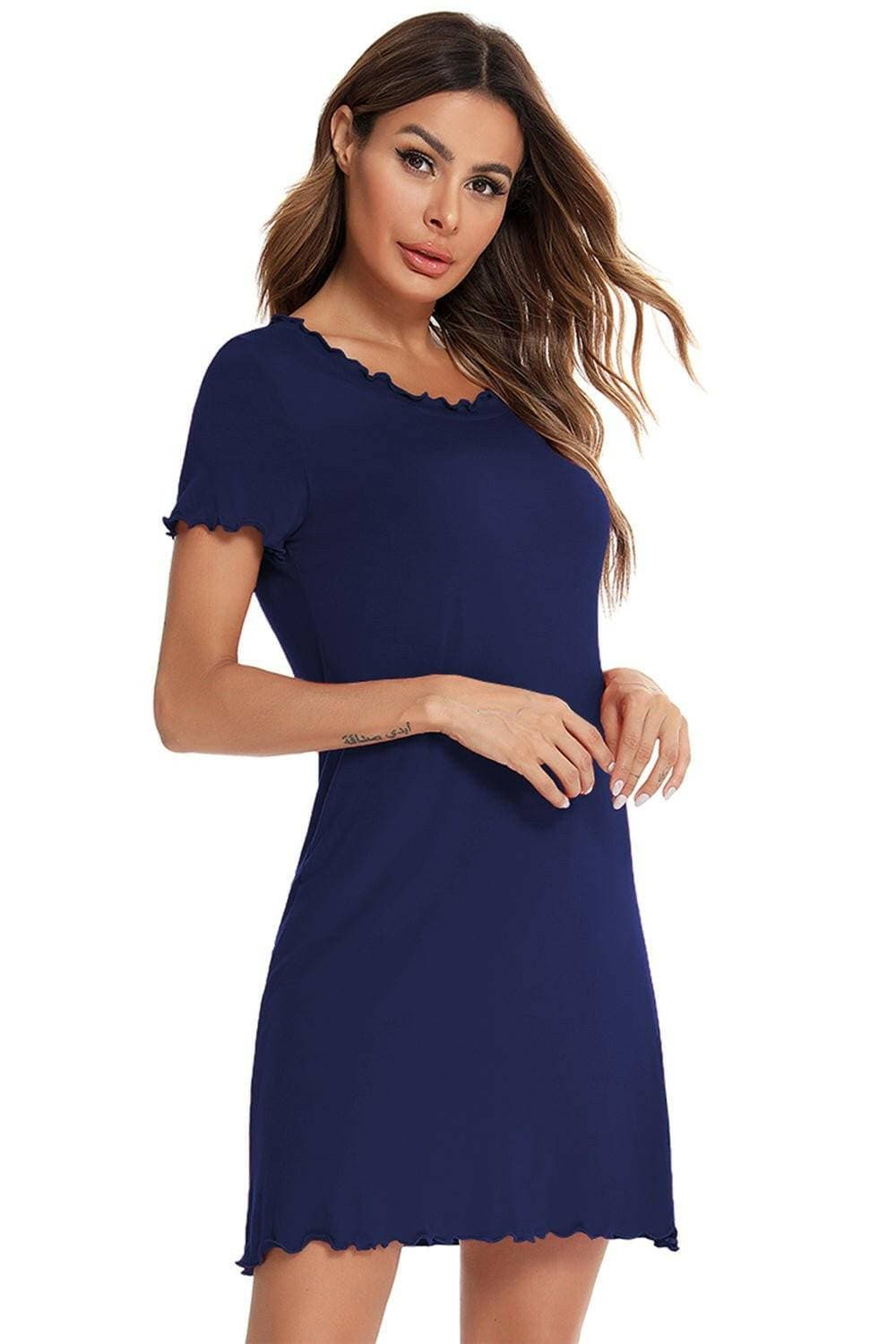 Cozy Short Sleeve Lounge Dress with Round NeckUpgrade Your Loungewear with Our Cozy Short Sleeve Lounge Dress
 
 
Effortlessly Stylish: Embrace a basic yet trendy style with our lounge dress featuring a round neLove Salve Cozy Short Sleeve Lounge DressSleep