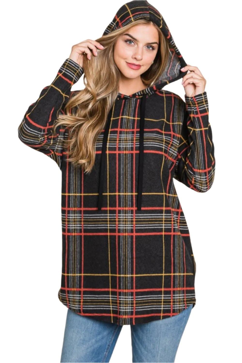 Plaid drawstring hoodie for comfort - Love Salve 