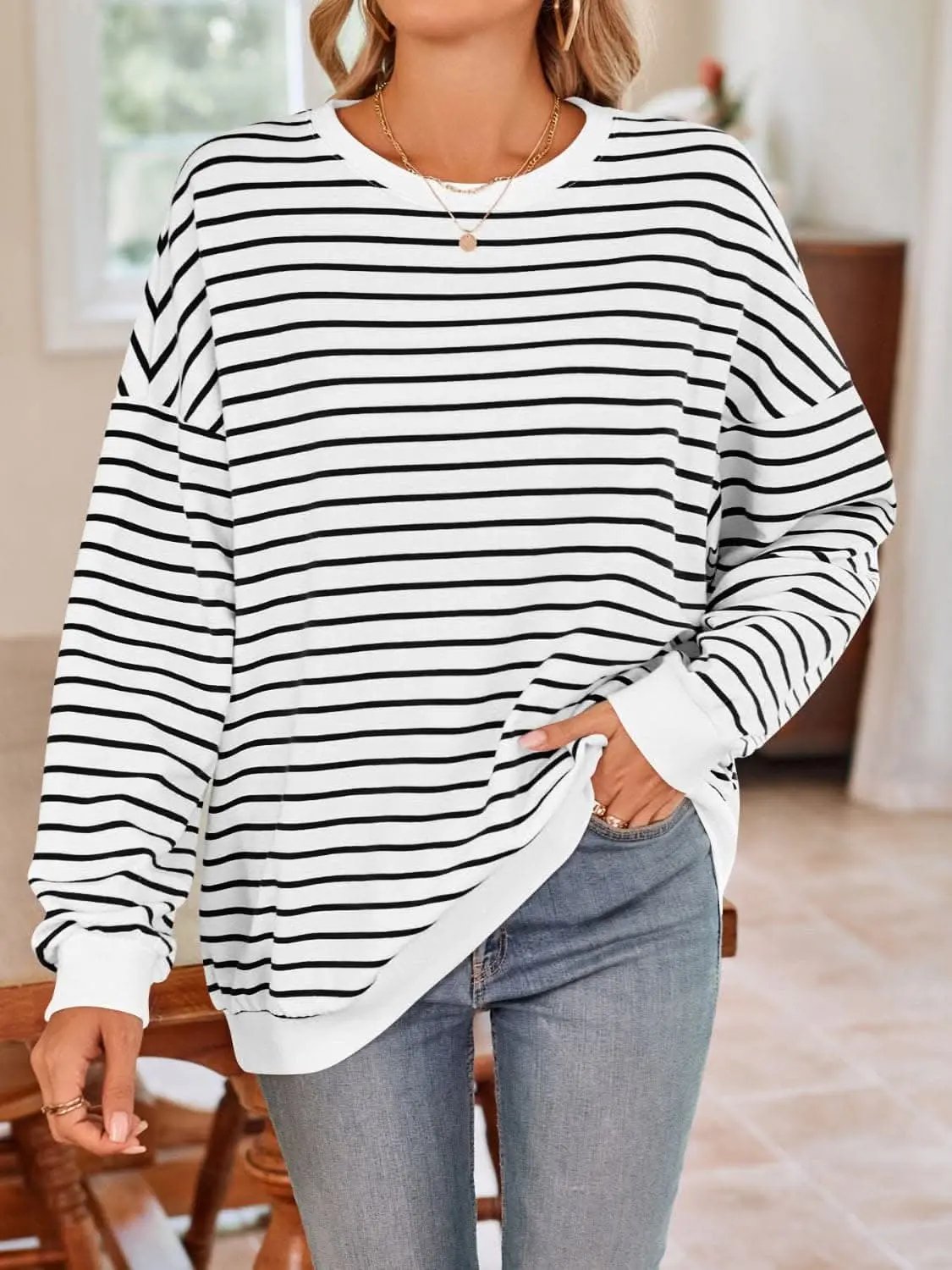 Cozy striped crewneck sweatshirt - Love Salve 