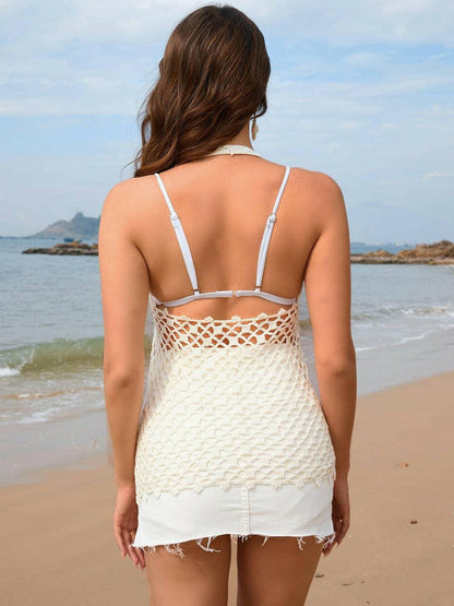 Tied Openwork Halter Neck Beach Cover-Up with Sheer Elegance - Love Salve 