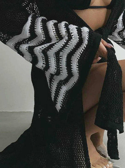 Elegant Striped Swim Cover-Up with Flare Sleeves and Intricate Openwork Detail - Love Salve 