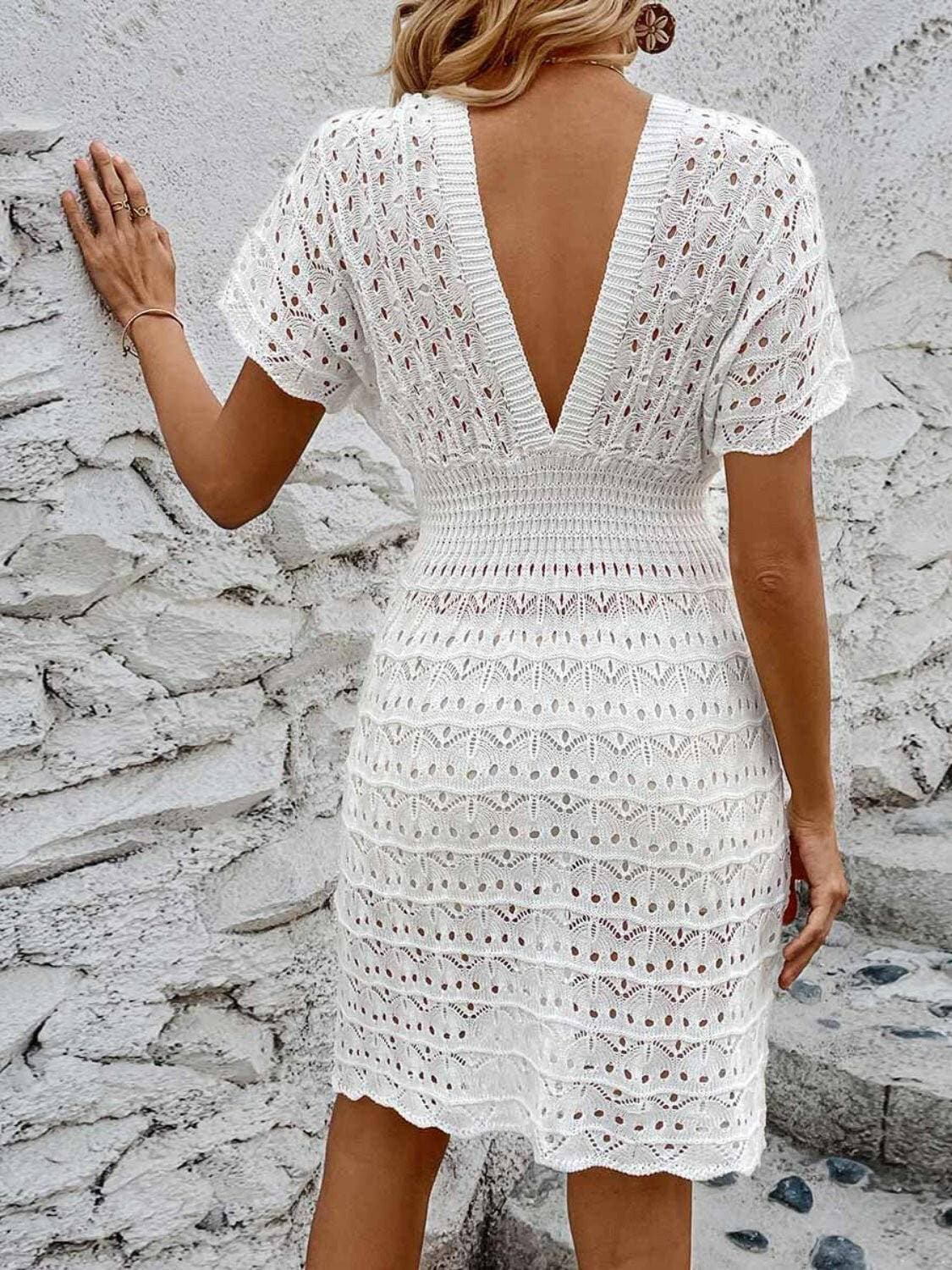 Breezy Mesh Plunging Short Sleeve Beach Dress - Love Salve 