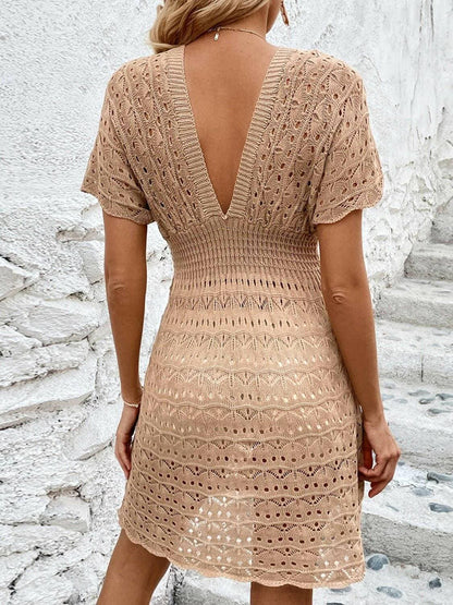 Breezy Mesh Plunging Short Sleeve Beach Dress - Love Salve 