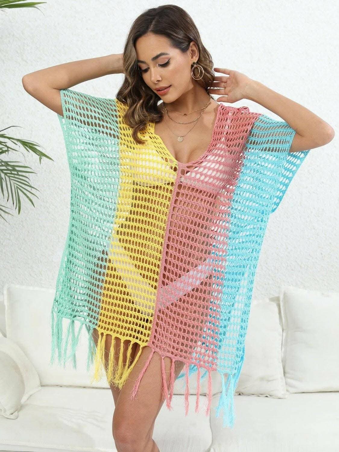 Fringe color block beach cover up 