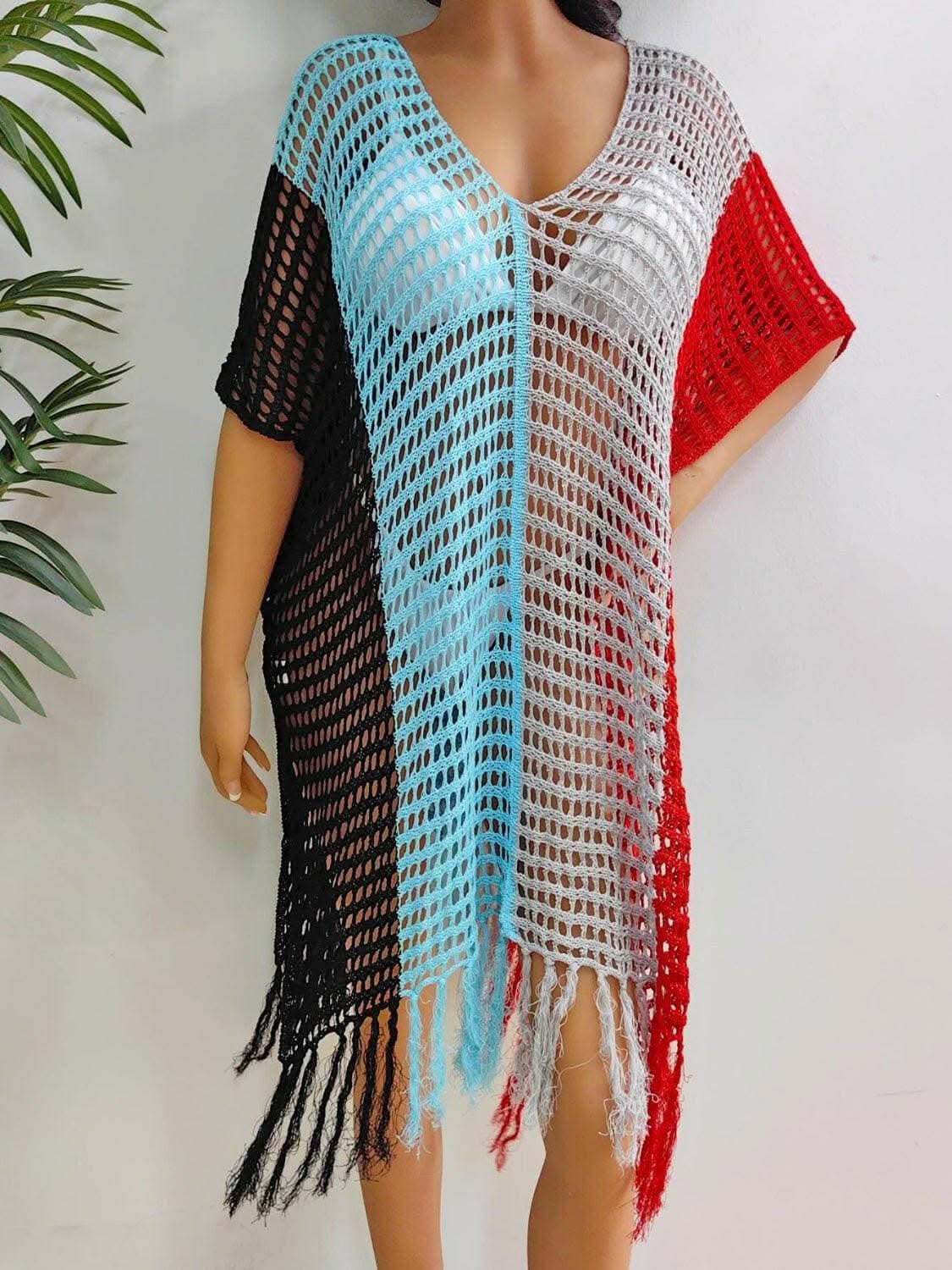 Fringe color block beach cover up 