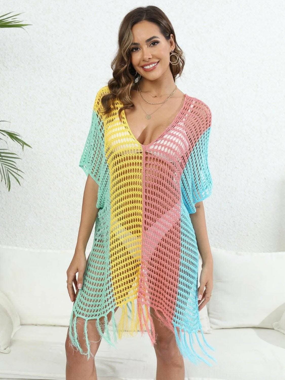 Fringe color block beach cover up 