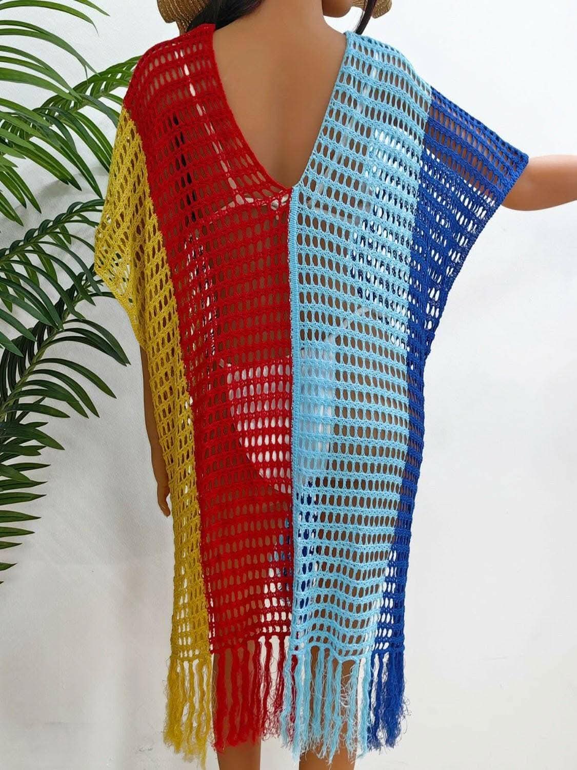Fringe Color Block Beach Cover Up with Sheer Fringe Accent - Love Salve 