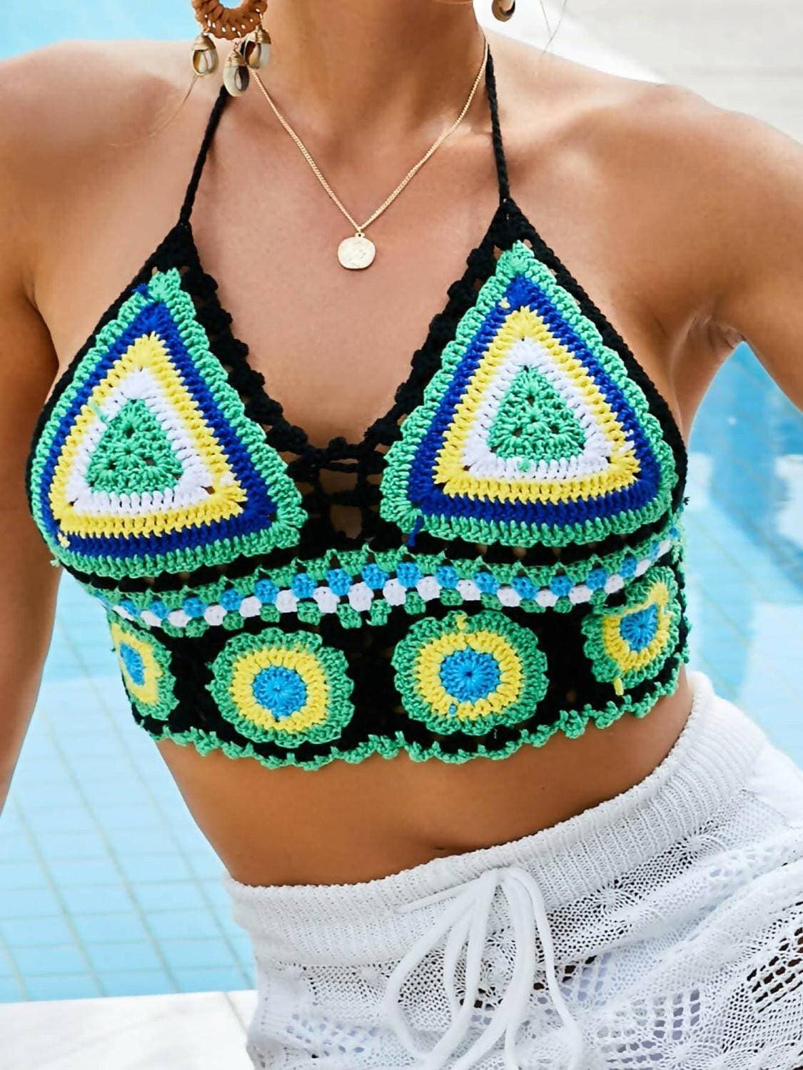 Geometric Print Backless Bikini Top with Halter Neck - Love Salve 