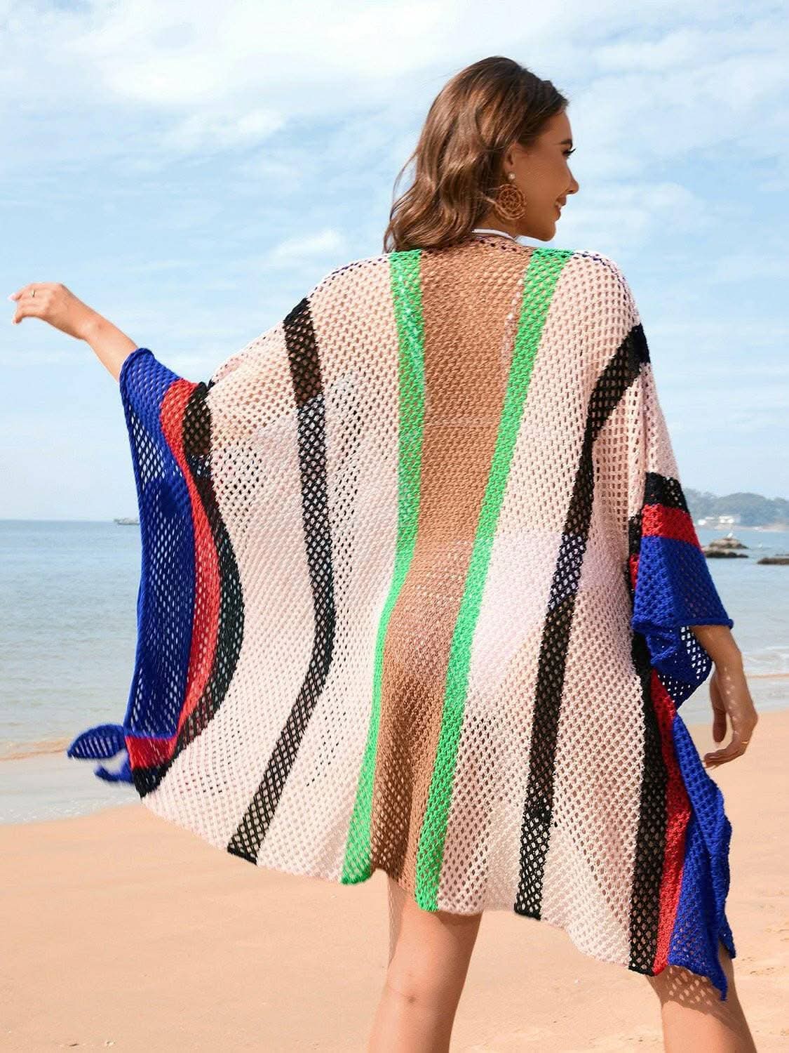 Sheer Openwork Plunge Cover-Up with Color Block Detail - Love Salve 