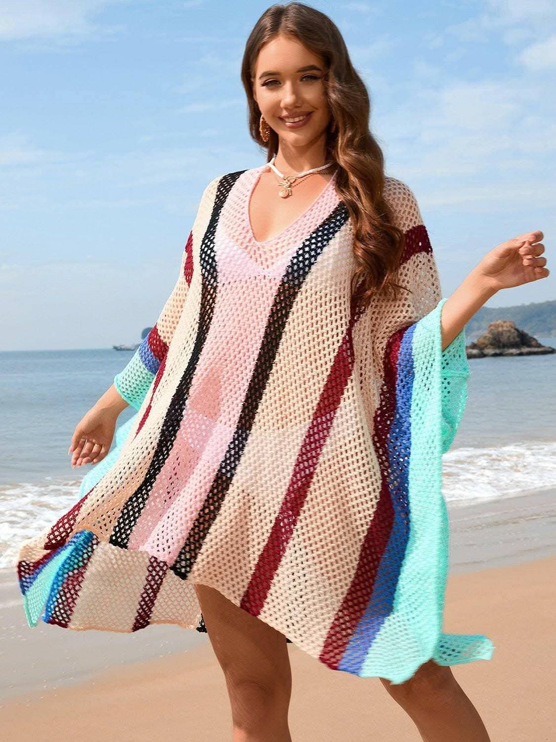 Sheer Openwork Plunge Cover-Up with Color Block Detail - Love Salve 