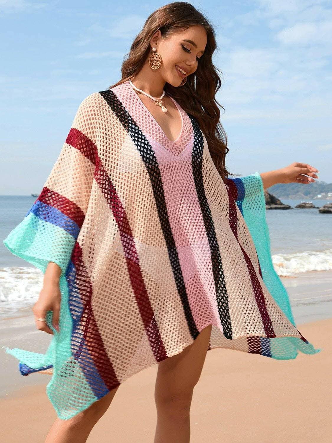 Sheer Openwork Plunge Cover-Up with Color Block Detail - Love Salve 