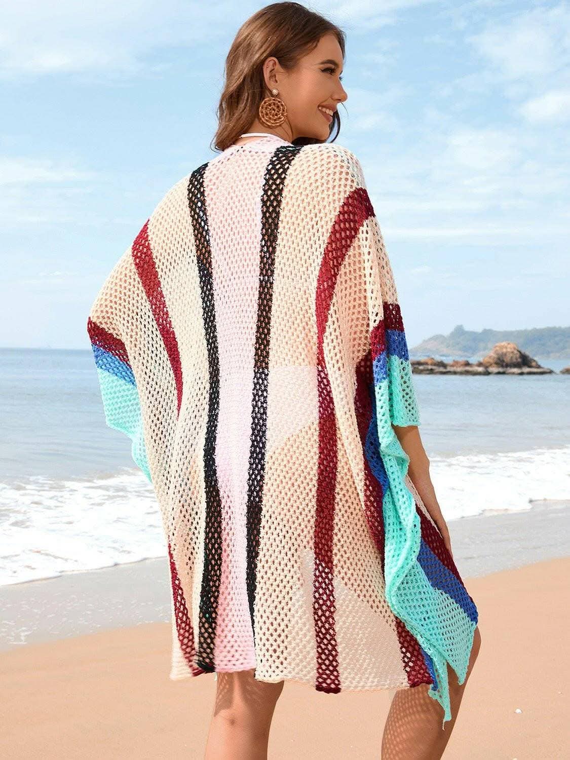 Sheer Openwork Plunge Cover-Up with Color Block Detail - Love Salve 