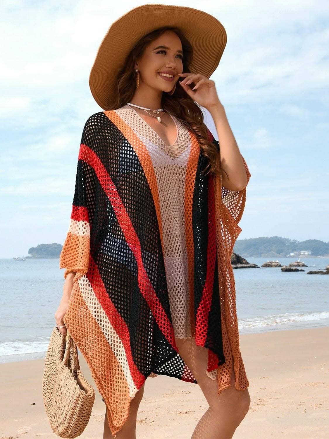 Sheer Openwork Plunge Cover-Up with Color Block Detail - Love Salve 