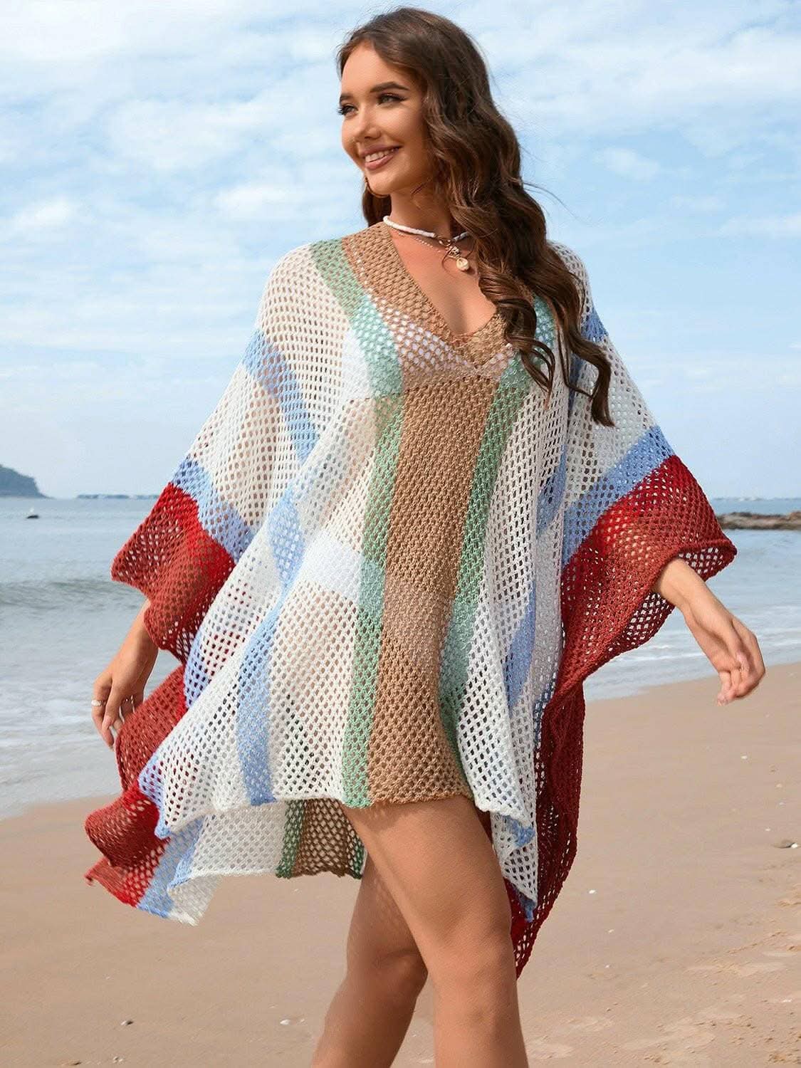 Sheer Openwork Plunge Cover-Up with Color Block Detail - Love Salve 