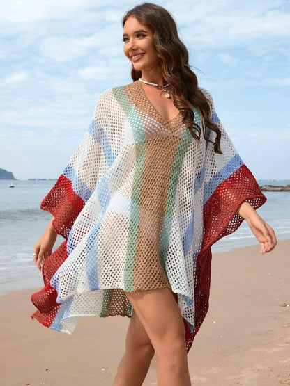 Sheer Openwork Plunge Cover-Up with Color Block Detail - Love Salve 