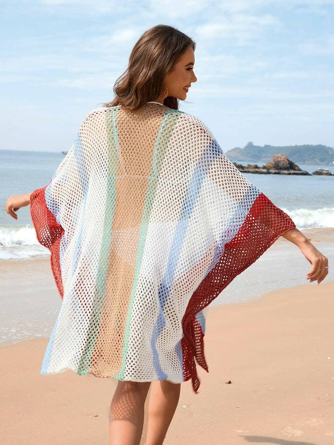 Sheer Openwork Plunge Cover-Up with Color Block Detail - Love Salve 