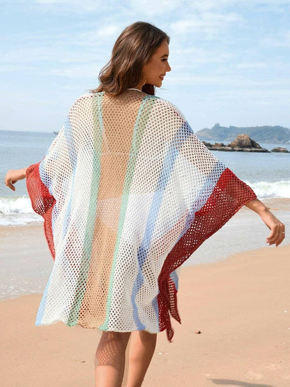 Sheer Openwork Plunge Cover-Up with Color Block Detail - Love Salve 