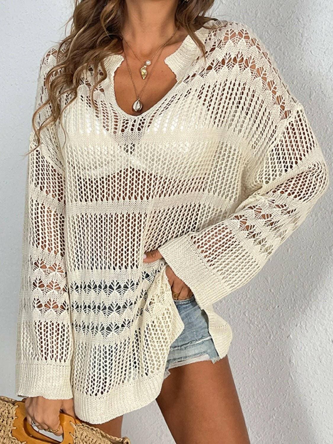 Cutout Notched Long Sleeve Cover-Up - Love Salve 