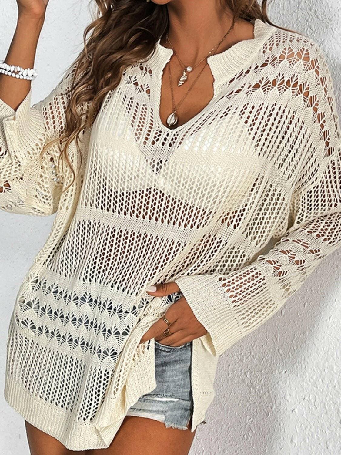 Cutout Notched Long Sleeve Cover-Up - Love Salve 